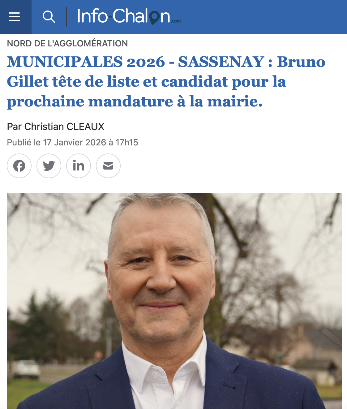 Article de info-chalon pour annoncer la candidature de Bruno Gillet le 17/01/2026