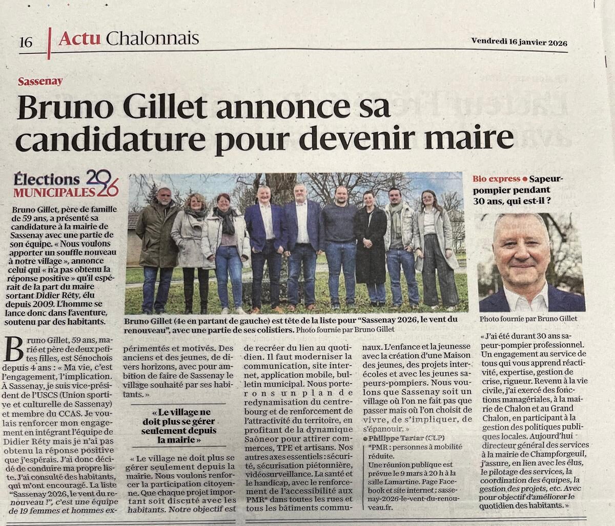 Article du JSL pour annoncer la candidature de Bruno Gillet le 16/01/2026